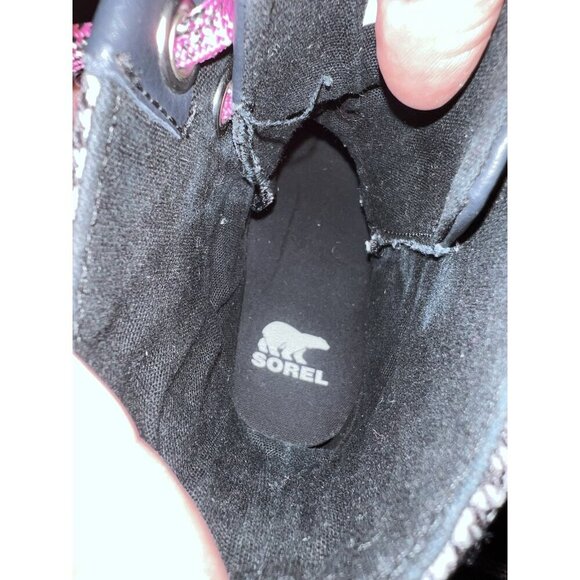SOREL Girls Lexie Wedge Heel Boots Size 1 Black Checkered Leather Pink Laces - Picture 9 of 10
